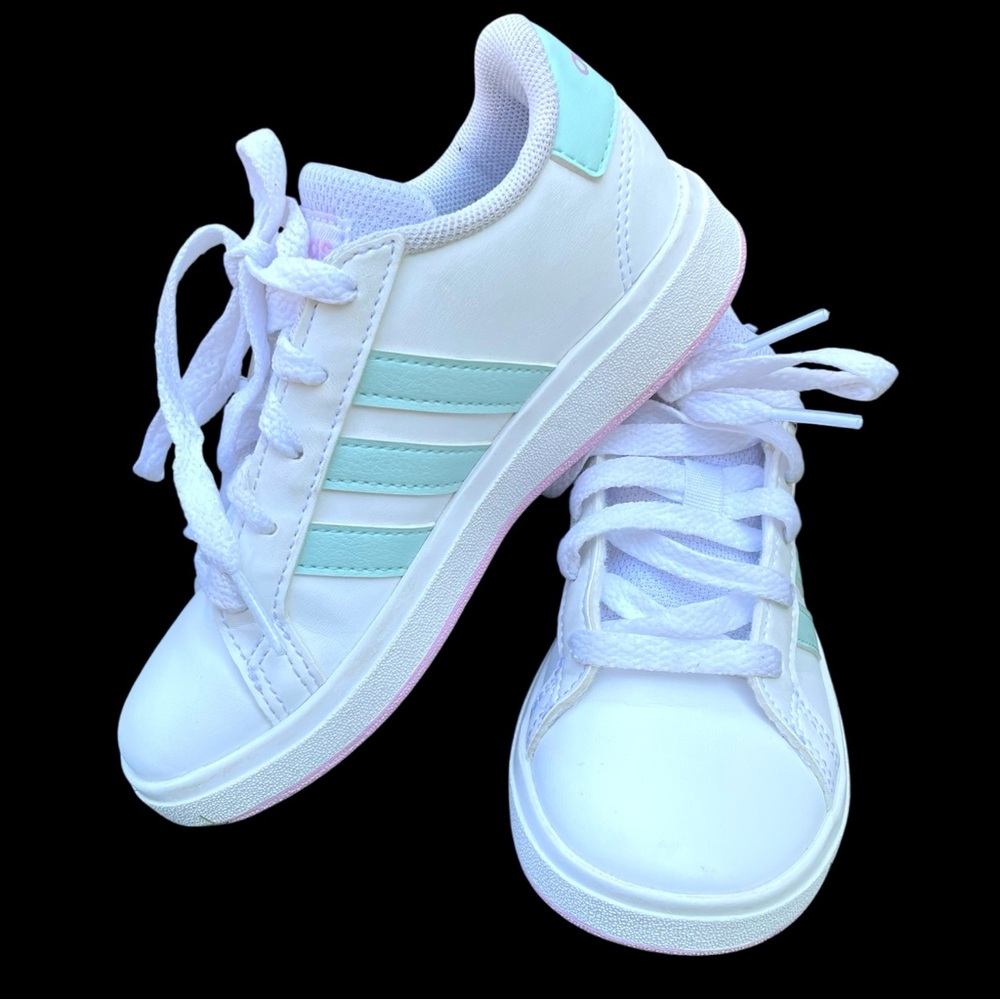 Adidas “Grand Court” Pastel Blue & Pink on white Sneakers Classic Court Style